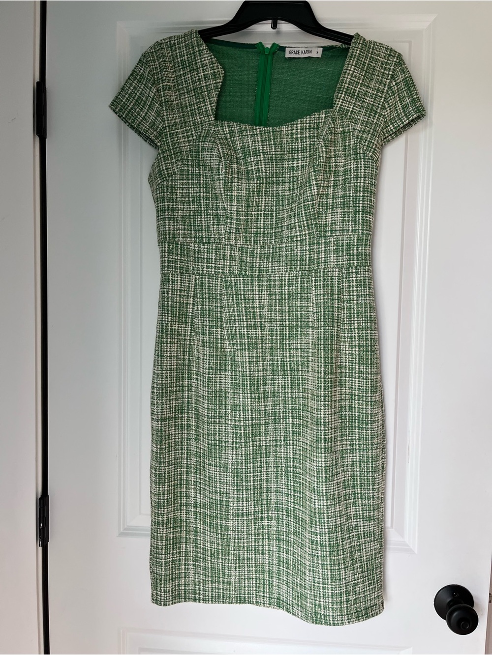 Grace Karin Green & White Tweed Sheath Dress